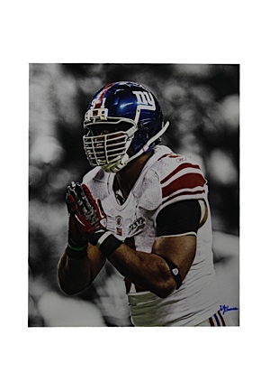 Justin Tuck Signed Bow Celebrations B&W with Color Accents Vertical 16x20 Photo (Signed by William Hauser)